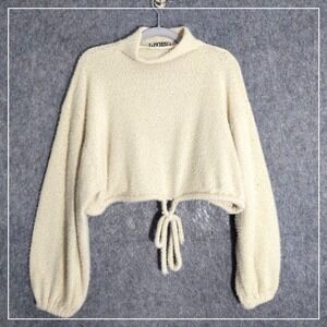 Audrey 3 + 1 Sweater M Crop Pullover Drawstring Mock Off White Puff Slv Preppy